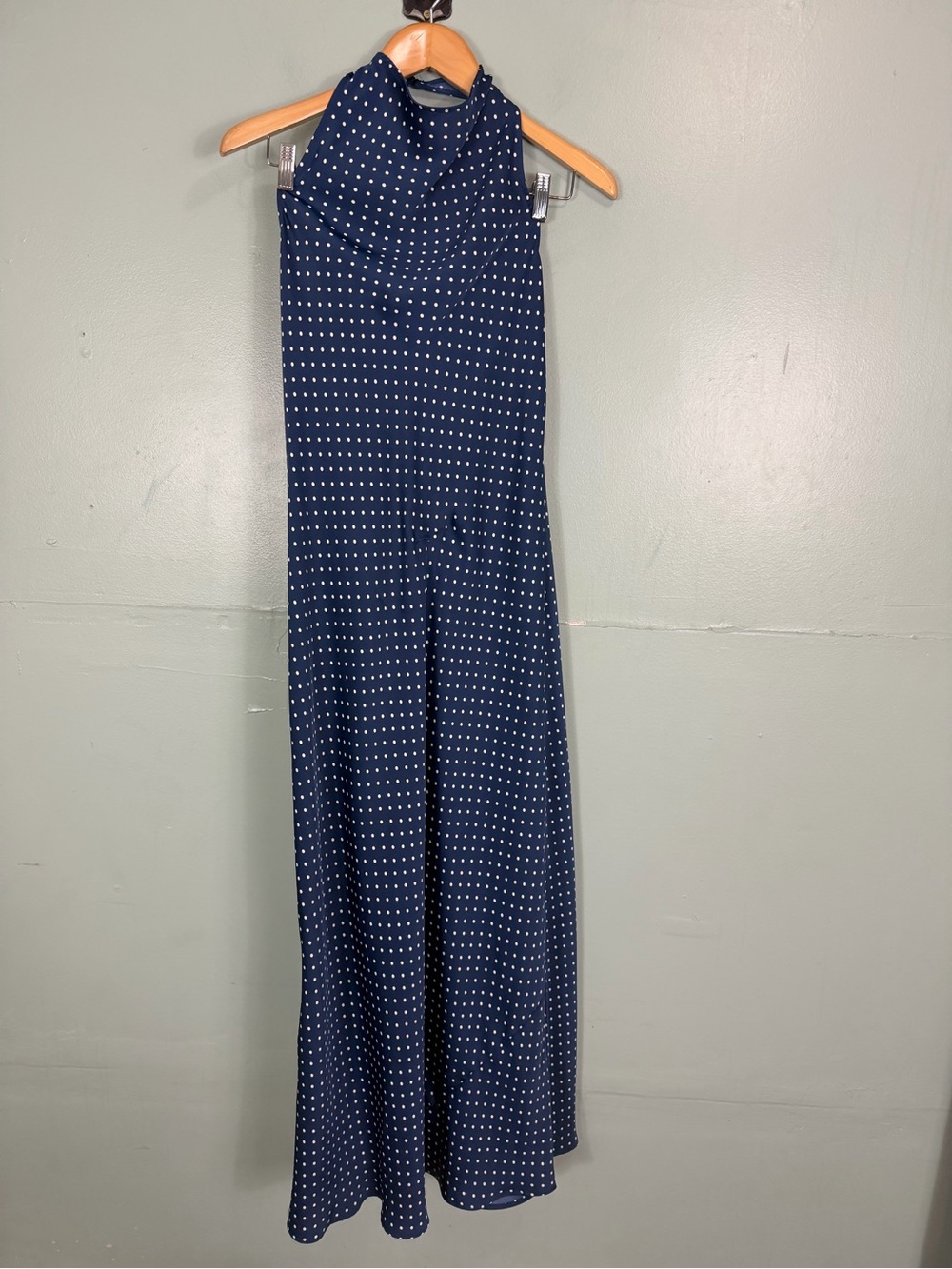 Anthropologie Maeve Jamie Satin Halter Midi Dress Polka Dot Blue Small - Picture 2 of 8